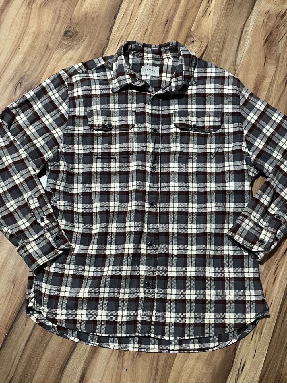 JACHS Cotton Flannel Shirt XL Gray Burgundy Plaid Button Up Outdoor Workwear